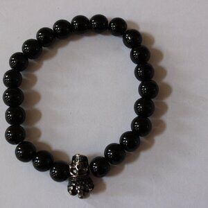 Onyx Black beaded stretch bracelet with owl